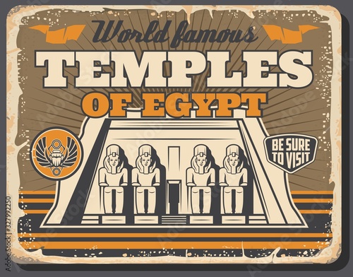 Ancient Egypt temples, Pharaoh pyramids and historic monuments landmark tours vintage poster. Vector Cairo antique city and Egyptian sightseeing travel trips to Tutankhamen Pyramids in Giza