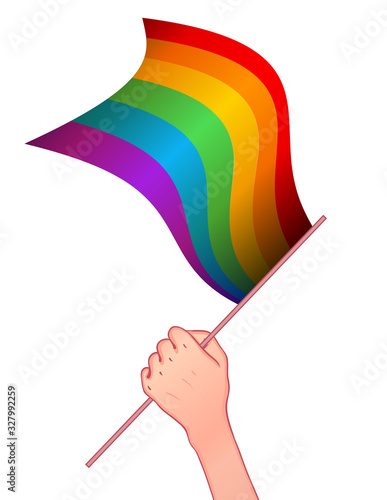 Love is Love. Human hand holding flag of LGBT community on flagstaff. Vector illustration in rainbow color for sticker, greeting card, poster, patch, t-shirt, pin.