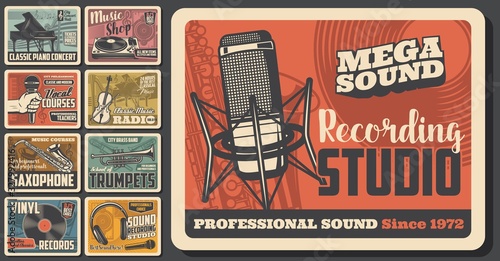 Music concert and musical instruments shop vintage retro posters. Vector sound recording studio, jazz band festival and folk music fest, DJ sound equipment and vinyl records store
