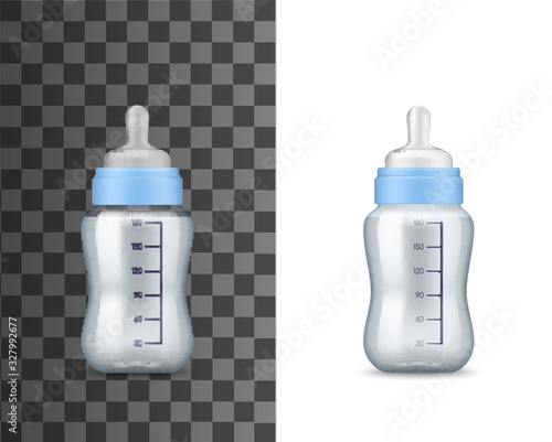 Baby milk bottles, realistic 3D mockup templates. Vector isolated baby feeding bottles of transparent plastic with milk or nutrition food, nipple and capacity volume measuring grades