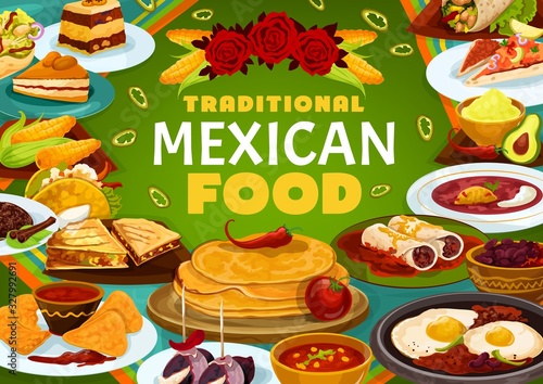 Mexican cuisine, traditional restaurant menu dishes, food cooking recipe book cover. Vector Mexico lunch and dinner meals, meat empanada, salad tacos and capirotada pudding, spicy beans and nachos