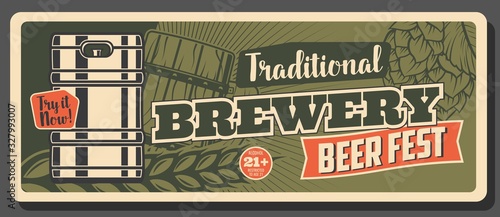 Oktoberfest festival, German craft beer brewery pub and bar vintage retro banner. Vector German traditional Oktoberfest brew house beer in wooden barrel and cask, wheat malt and hop