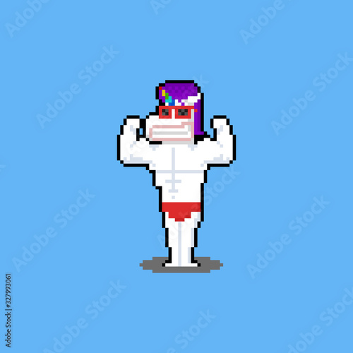 Pixel art body builder unicorn character.