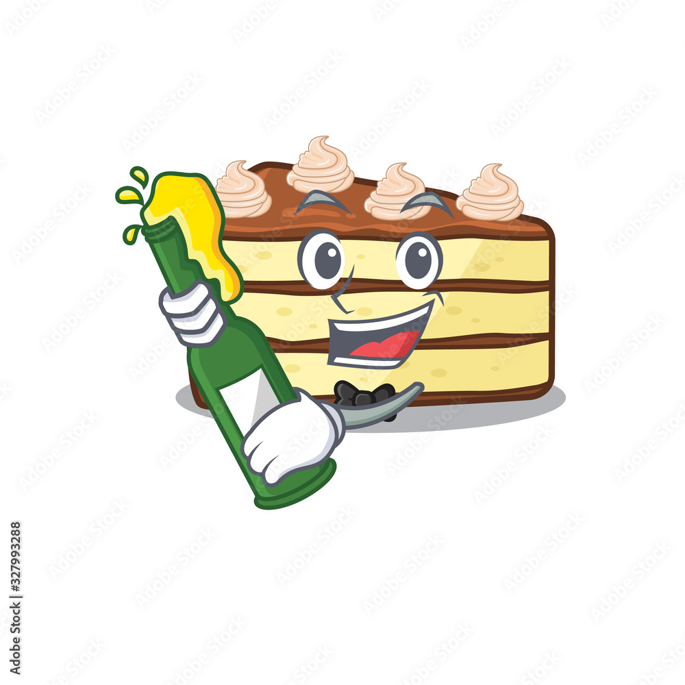 mascot cartoon design of chocolate slice cake with bottle of beer