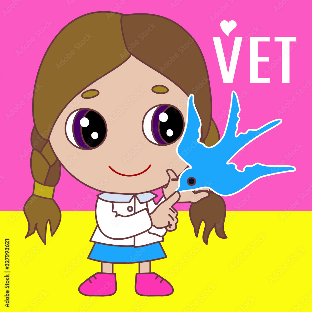 emoticon with girl ornithologist or vet doctor in white robe with bird that is sitting on his hand, vector emoji in color, funny cartoon character from a set emoticon with girl ornithologist or vet doctor in white robe with bird that is sitting on his hand, vector emoji in color, funny cartoon character from a set