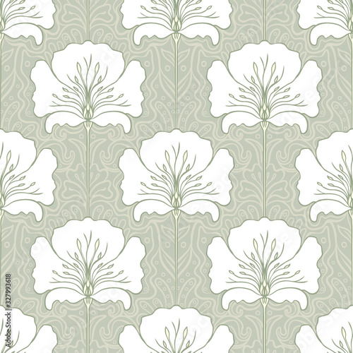 Vintage seamless pattern with pink flowers. Art nouveau style. Vector illustr...