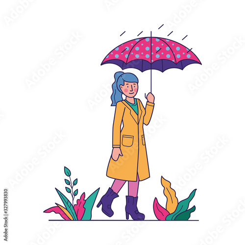 Girl under umbrella walking in rain flat vector illustration. Woman going outdoors in autumn rainy weather. Season, fall and landscape concept.