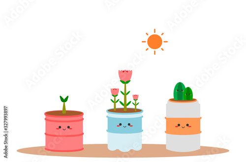 Recycle pot. Recycle cans for growing plants. Recycled plastic bottles for growing plants. Recycled canned beverage for growing plants.
