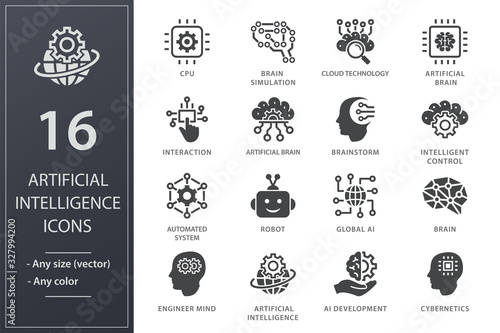 Artificial intelligence icon set. Illustrations isolated on white.
