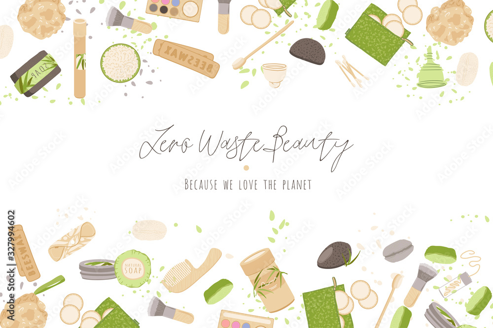Zero Waste Vector Concept illustration in Minimalism Style, with Reusable and Recycle Zero Waste products - Beauty, Kitchen, personal care and hygiene for ecology friendly advertising