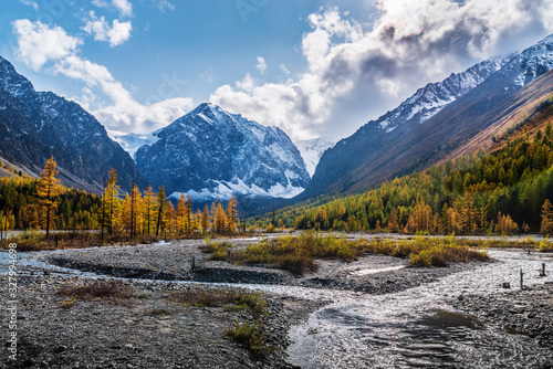 Autumn Valley of the Aktru River, at the foot of the glaciers of the North Chuysky Range. Kosh-Agachsky District, Altai Republic, Russia