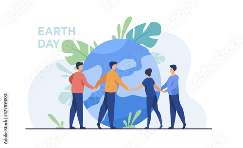 People walking around globe and holding each other by hands flat vector illustration. Tiny people saving world ecology. Big planet at background. Earth day environment saving and nature care concept