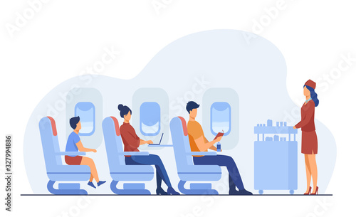 Air trip with comfort flat vector illustration. Passengers waiting for airline meal. People travelling by plane and sitting near airplane window. Airline, tourism and journey concept.