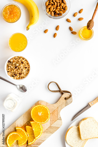 Breakfast with granola mockup on white background top-down copy space