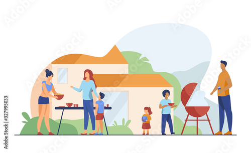Family on BBQ party on backyard flat vector illustration. Happy characters cooking, chatting and eating together outside near house. Kids playing in garden. Barbecue and outdoor activity concept