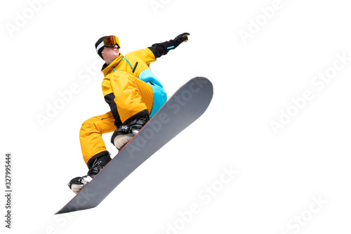Portrait young man snowboarder jump move on snowboard isolated white background