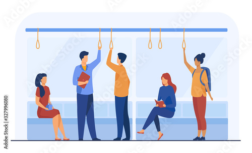 Passengers in metro wagon flat vector illustration. People travelling by underground. Man and woman sitting, standing, reading, talking during trip. Public transport and city's subway train concept