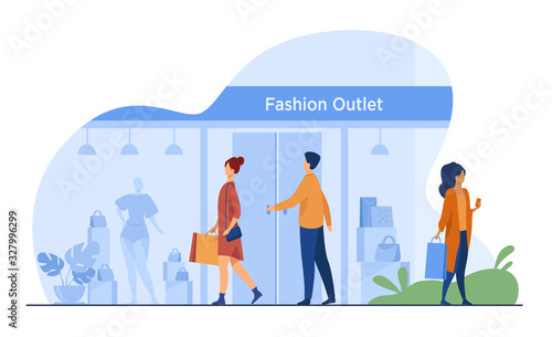 Consumers walking along street near apparel store flat vector illustration. Shop mannequins in showcase windows. Fashion outlet, consumerism and boutique mall concept