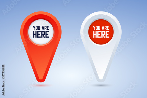You are here map pins. Vector illustration in two color options. Red and white pins for use in maps, plans, and others.