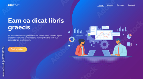 Couple of professionals analyzing graphs. Business people using laptops flat vector illustration. Business, analysis, marketing concept for banner, website design or landing web page