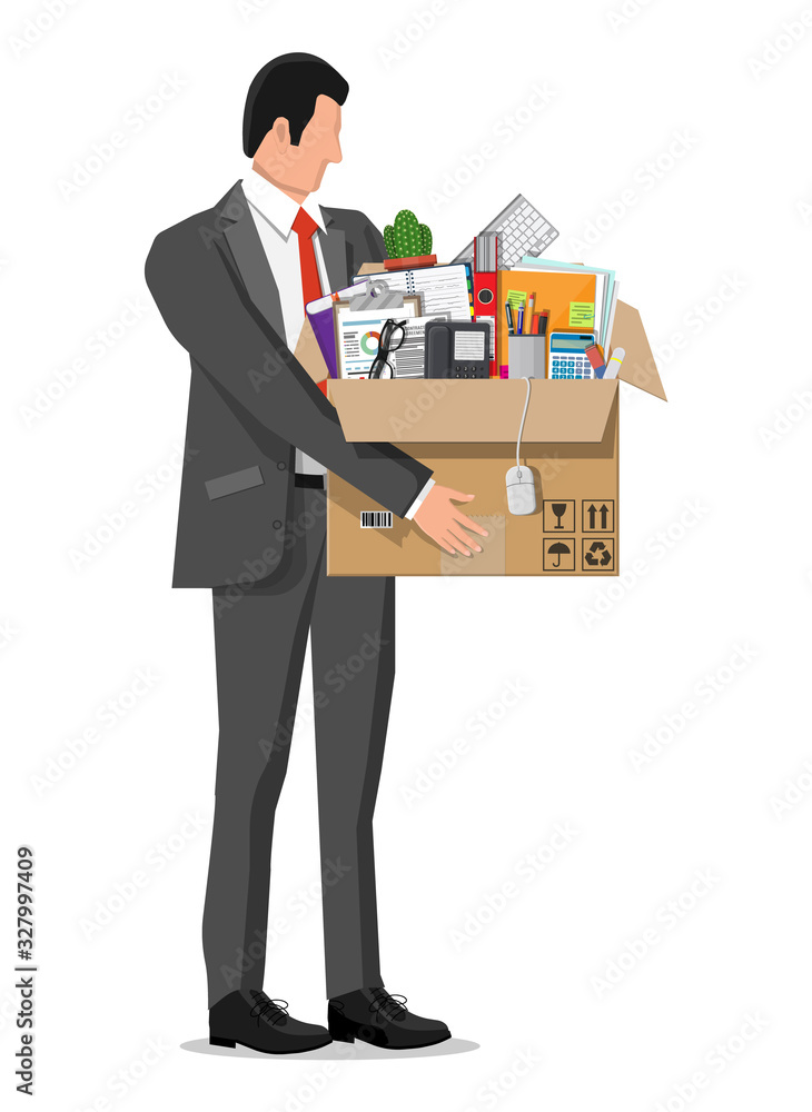 Businessman moving to new office. Cardboard box with folder, document paper, contract, calculator, pen pencils, eyeglasses, book, ring binder phone. Keyboard, mouse cactus. Flat vector illustration Businessman moving to new office. Cardboard box with folder, document paper, contract, calculator, pen pencils, eyeglasses, book, ring binder phone. Keyboard, mouse cactus. Flat vector illustration