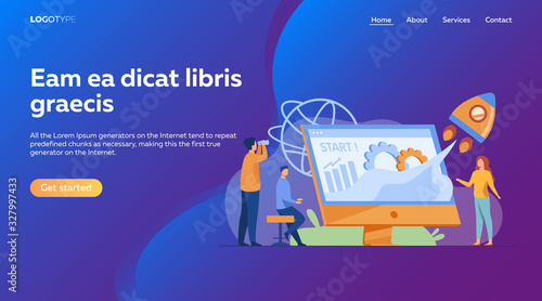 Team starting project. Workgroup working on startup, launching rocket from monitor with growth chart. Vector illustration for new business idea concept