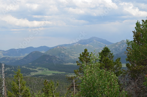 Summer in Rocky Mountain National Park: Moraine Park, Eagle Cliff Mtn, Gianttrack Mtn, Rams Horn Mtn, Lily Mtn & Twin Sisters Peaks Seen from Many Parks Curve Overlook on Trail Ridge Road