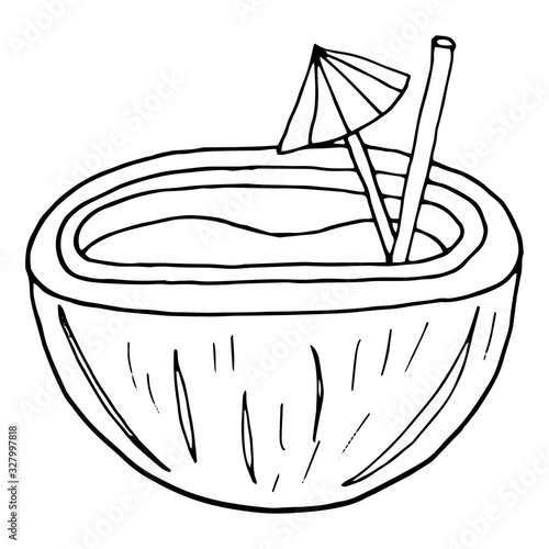 Coconut cocktail with an umbrella in doodle style on an isolated white background.