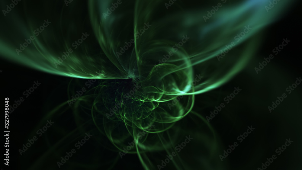 Abstract green fiery shapes. Fantasy light background. Digital fractal art. 3d rendering.