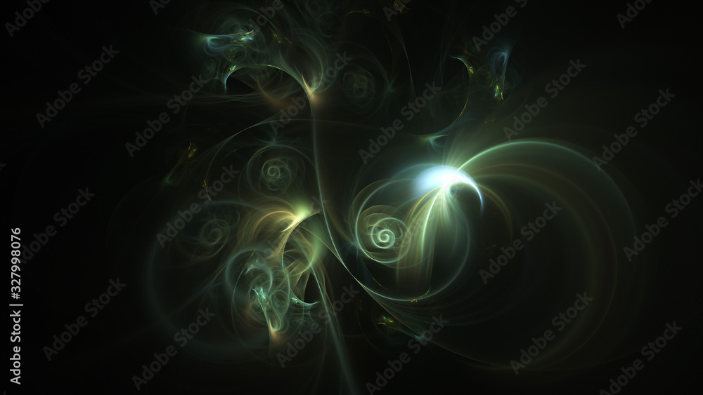 Abstract colorful green glowing shapes. Fantasy light background. Digital fractal art. 3d rendering. Abstract colorful green glowing shapes. Fantasy light background. Digital fractal art. 3d rendering.