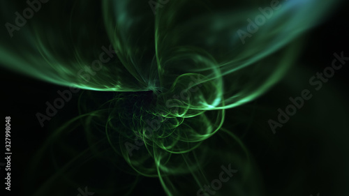 Abstract green fiery shapes. Fantasy light background. Digital fractal art. 3d rendering.