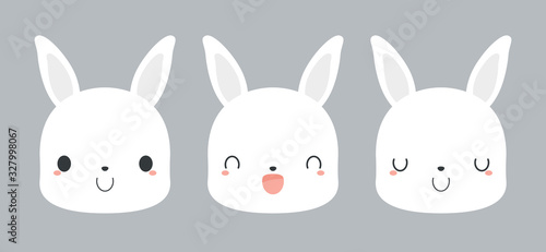 Set of cute white rabbit cartoon icons. Flat vector illustration.
