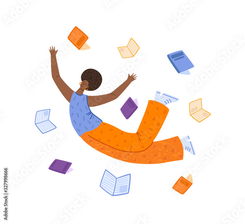 Girl flying dreaming with books, African American curly woman, happy reader or student in dynamic pose isolated on white. Literature fan, lover concept, flat cartoon textured character vector