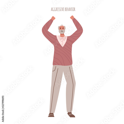 Alzheimers or Parkinsons disease - angry aged senior men with mental problems aggressive behavior and evil mood, old people with dementia signs and symptoms - vector isolated person on white