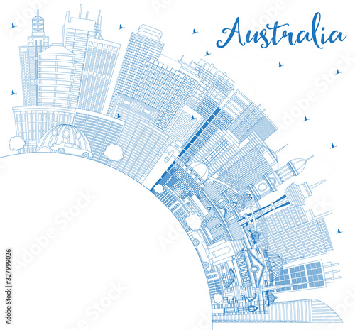 Outline Australia City Skyline with Blue Buildings and Copy Space.