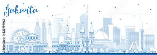 Outline Jakarta Indonesia City Skyline with Blue Buildings.
