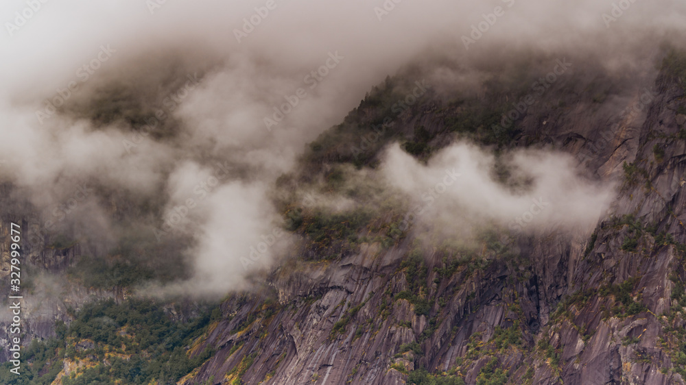 Foggy misty mountains landscape, Norway