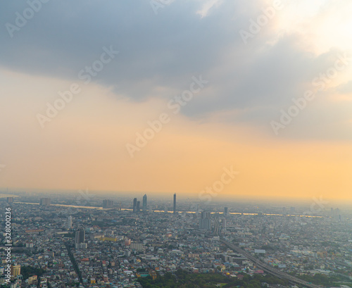 Beautiful aerial view photo panoramic skyline of Bangkok at sunset from King Power Mahanakhon, Bangkok, Thailand (series)