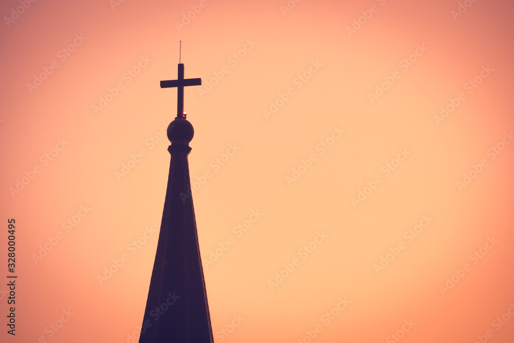 Christian church in a grace sunset time with copy space background. Christian church in a grace sunset time with copy space background.
