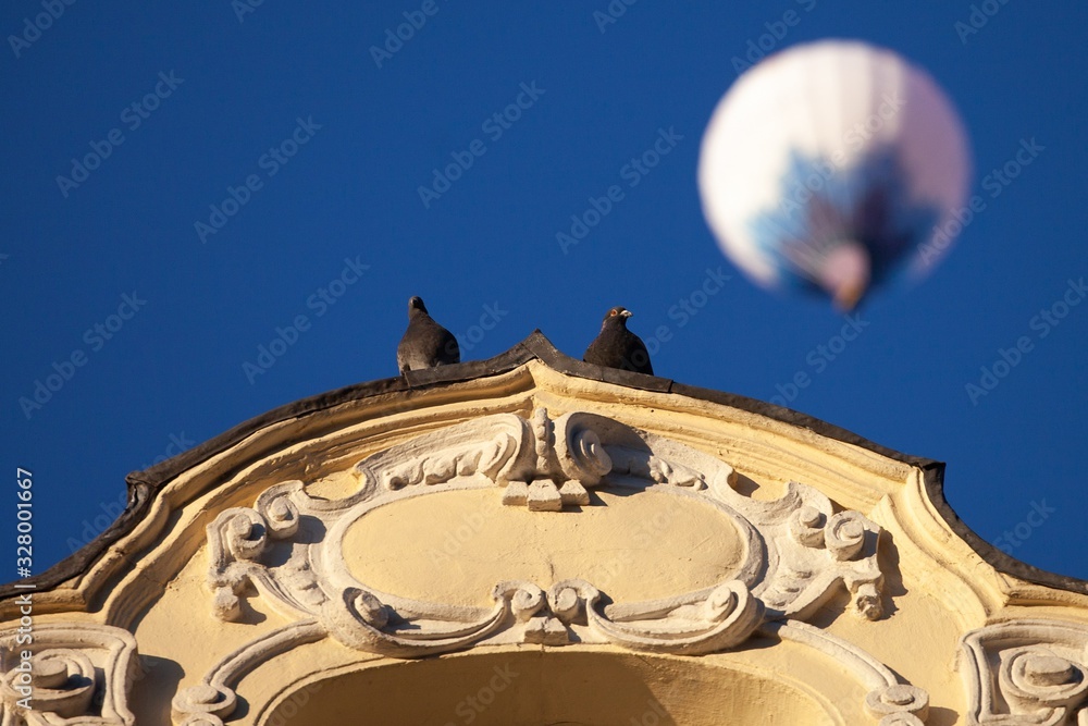 Obraz premium two pigeons sitting on rooftop with hot air balloon in background