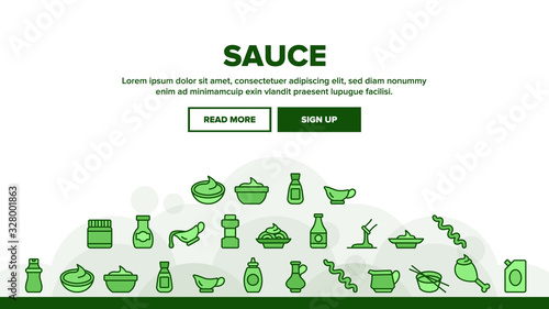 Sauce Spicy Cream Landing Web Page Header Banner Template Vector. Ketchup, Mustard And Olive Oil Bottles And Containers, On Chicken Leg Illustration