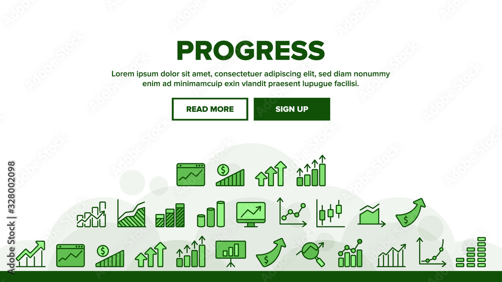Progress Grow Graphs Landing Web Page Header Banner Template Vector. Progress Arrow On Screen Web Site, Magnifier And Dollar Coin Illustration
