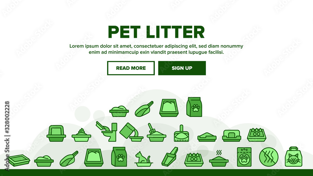 Pet Litter Accessory Landing Web Page Header Banner Template Vector. Cat In Pet Litter, Animal Footprint On Bag With Granules, Scoop Illustration