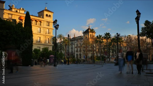 4K Timelapse near Fountain of Hispalis (Roman Seville) and the Alfonso XIII Hotel, built for the Ibero-American Exposition of 1929, in Puerta de Jerez in Seville City.