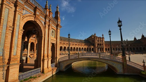 4K Timelapse in Seville Plaza de Espana / Spain Square with beautiful view to the Bridges, rowing boats and Royal Palace with Architecture Details. 