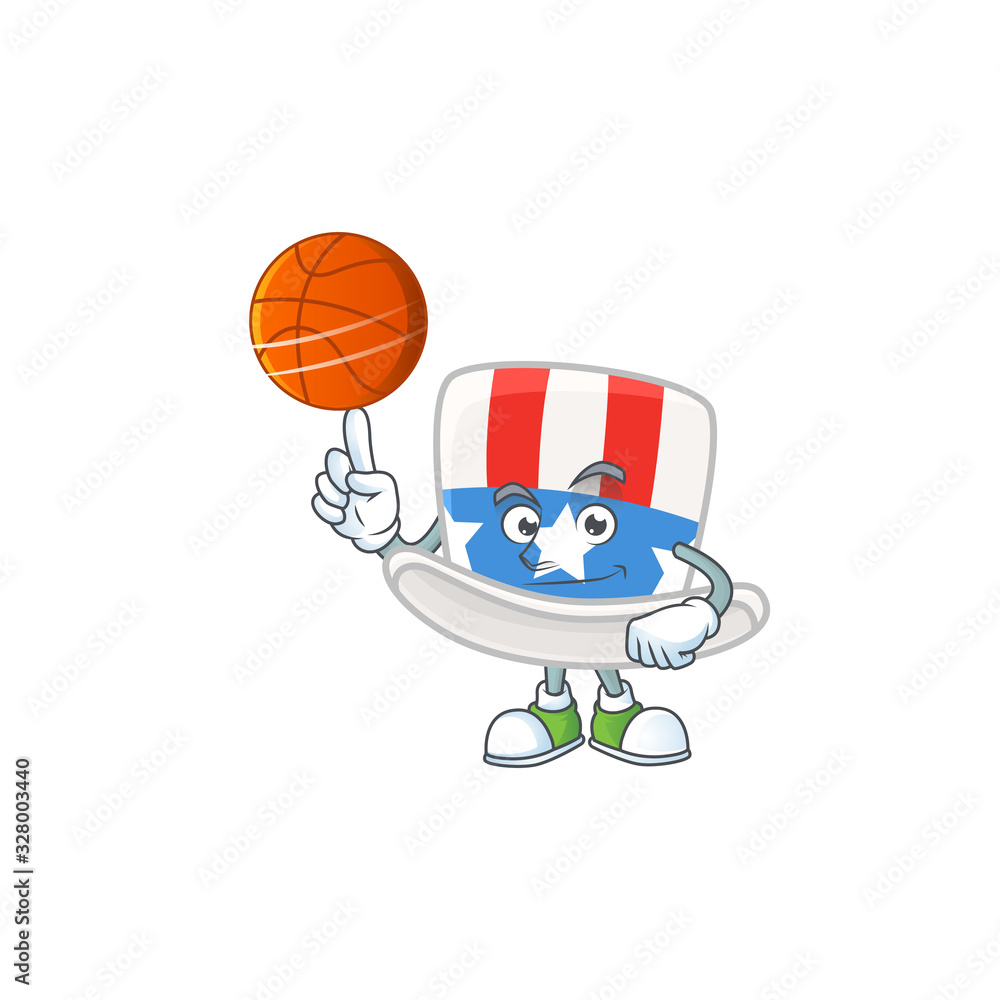 a strong uncle sam hat cartoon character with a basketball