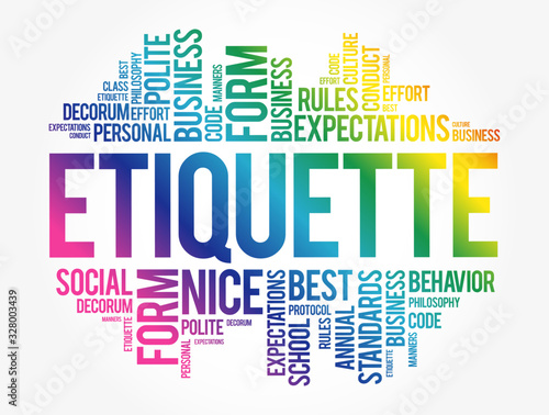 Etiquette word cloud collage, social business concept on blackboard