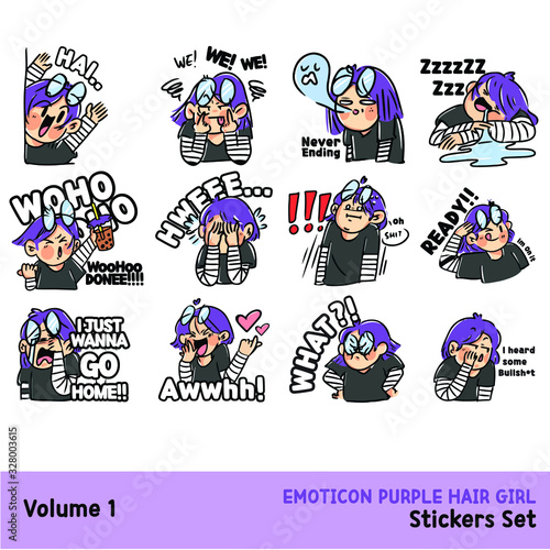 Expressive Purple Haired Girl Sticker Asset Set Vol. 1. Doodle Illustration Best for Messenger Chat App, Web Use