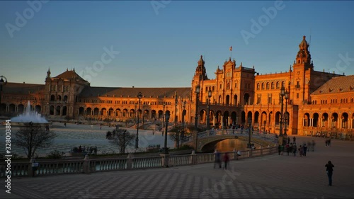 4K Timelapse of tourists strolling in Plaza de Espana at sunset in Seville City Center with Architecture Details.