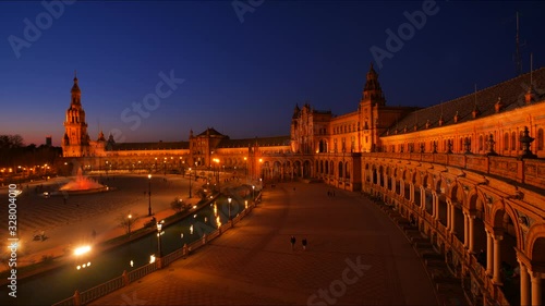 4K Timelapse at Blue Hour of the beautiful pavilion buildings within the Plaza de España in Seville City Center.